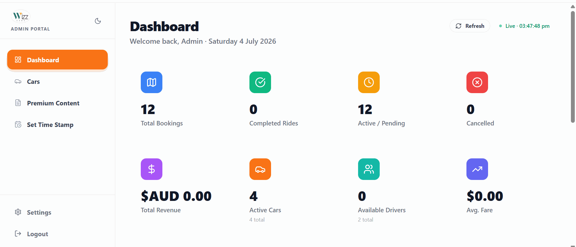 Homepage — Live "Book a Ride" widget with pickup/drop location and instant cab search over an interactive Perth map